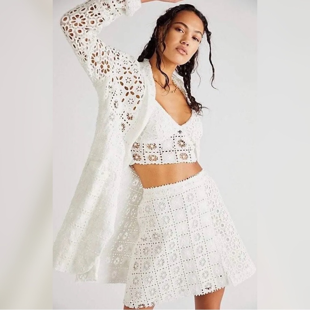 Free People FP One Yesenia White Crochet Suit 3 PC Skirt Jacket Bralette